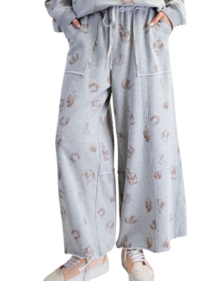 Western Printed Wide Leg Crop Pant