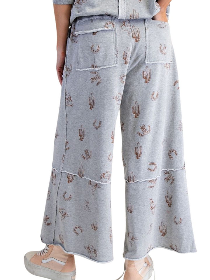 Western Printed Wide Leg Crop Pant