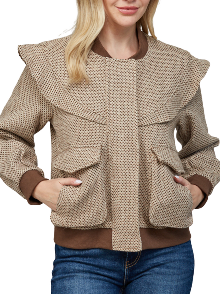 Ruffle Yoke Tweedy Bomber Jacket