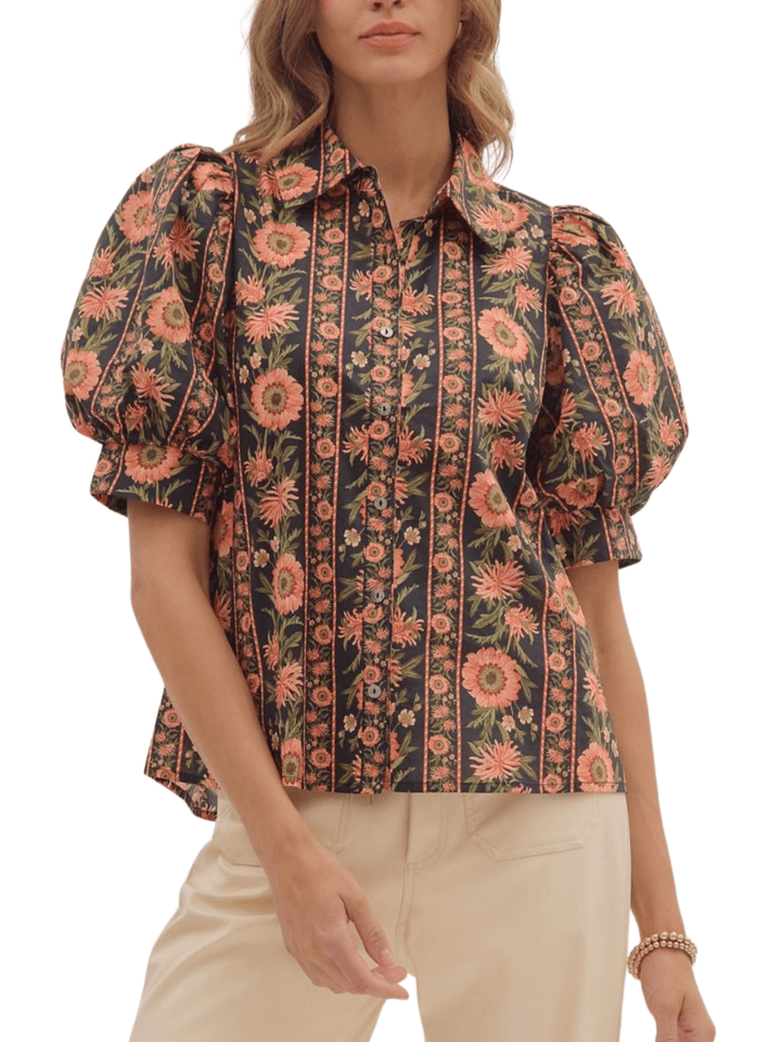 Puff Sleeve Print Top - High Call Outfitters