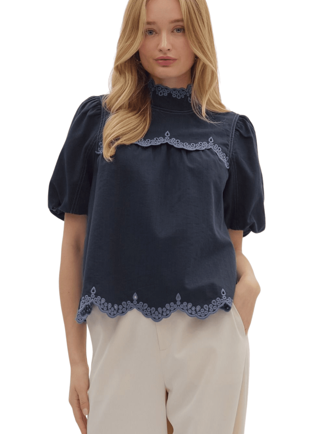Embroidered Edge Detailed Top - High Call Outfitters
