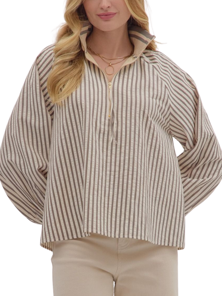 1/2 Zip Contrast Trimmed Stripe Top