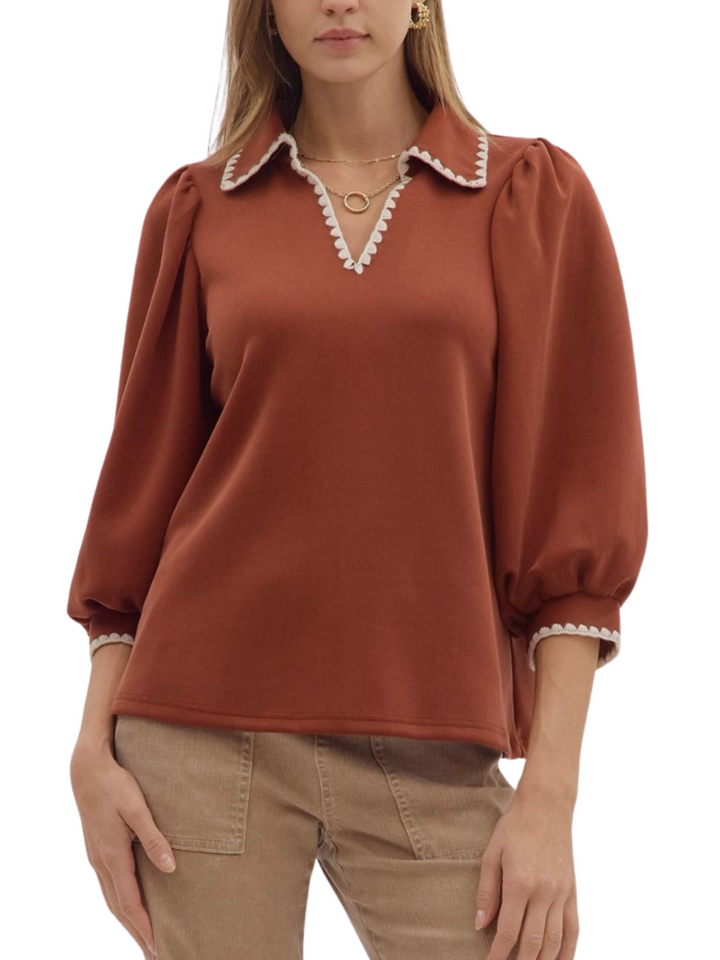 3/4 Sleeve Decorative Stitch Top