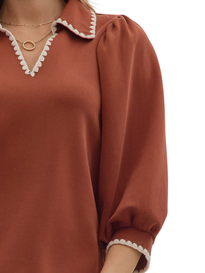 3/4 Sleeve Decorative Stitch Top