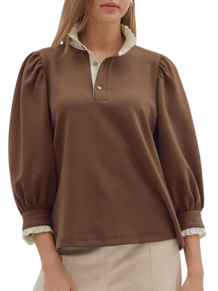 3/4 Sleeve Contrast Ruffle Trimmed Top