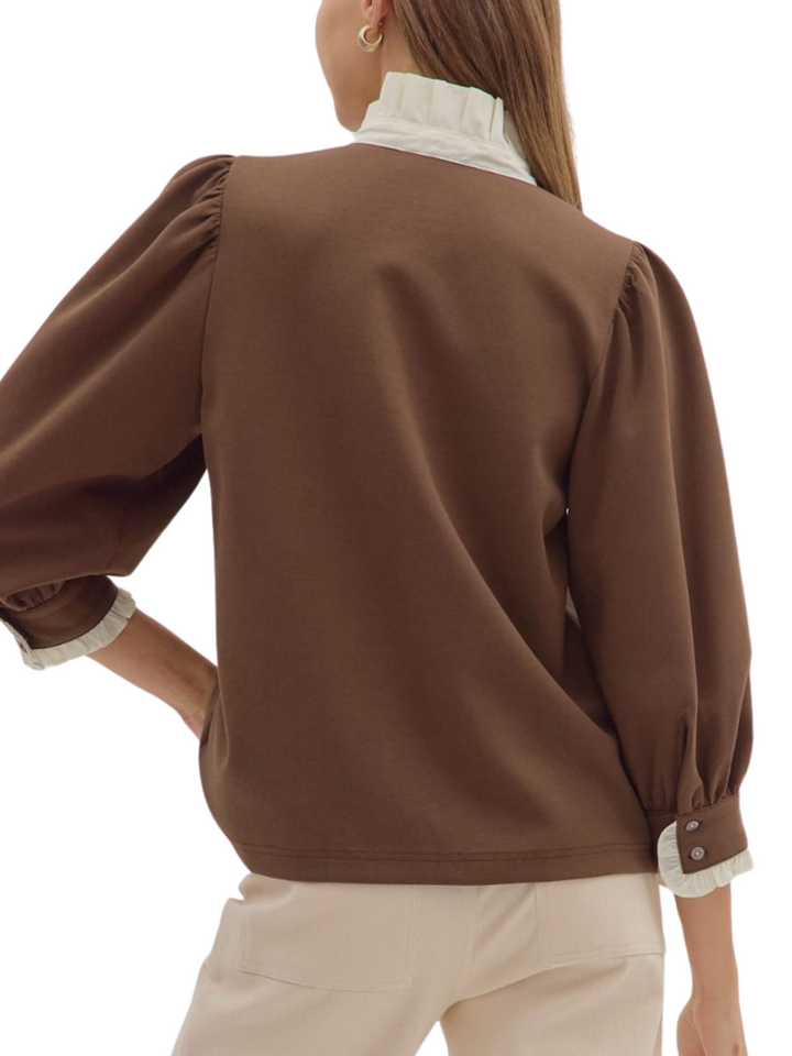 3/4 Sleeve Contrast Ruffle Trimmed Top