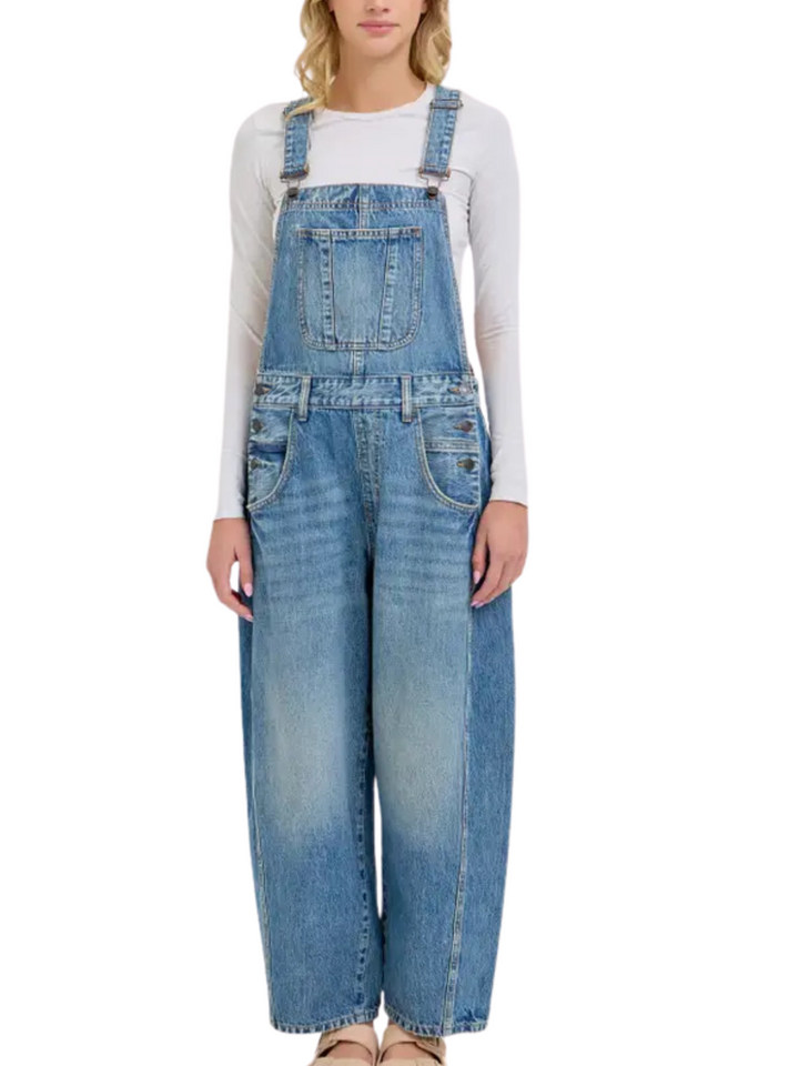 Mid Rise Barrel Denim Overall