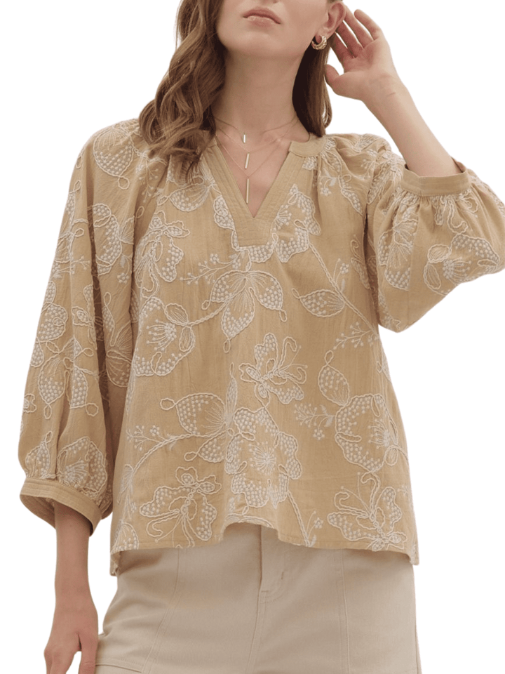Embroidered Botanical 3/4 Sleeve Top - High Call Outfitters