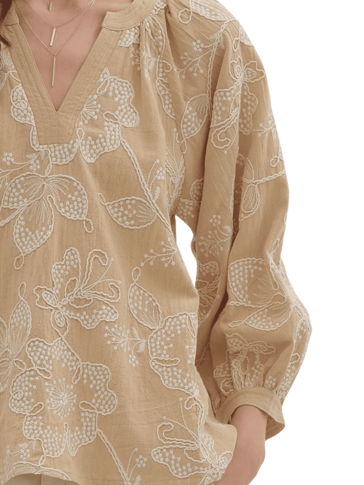 Embroidered Botanical 3/4 Sleeve Top - High Call Outfitters