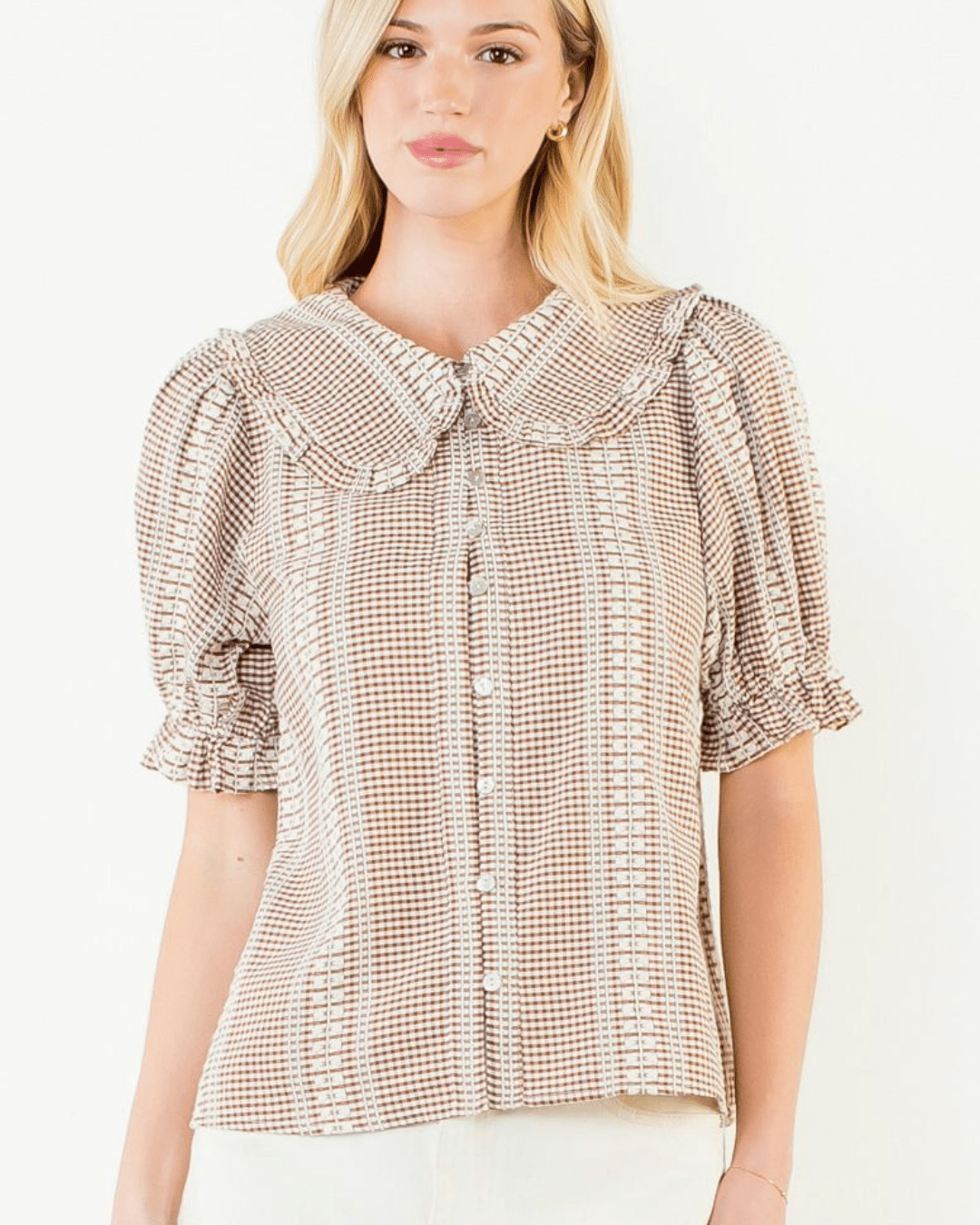 Puff Sleeve Gingham Patterned Top from THML - High Call Outfitters