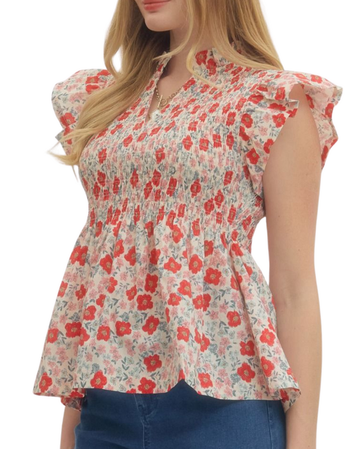 Smocked Ruffle Print Top - High Call Outfitters