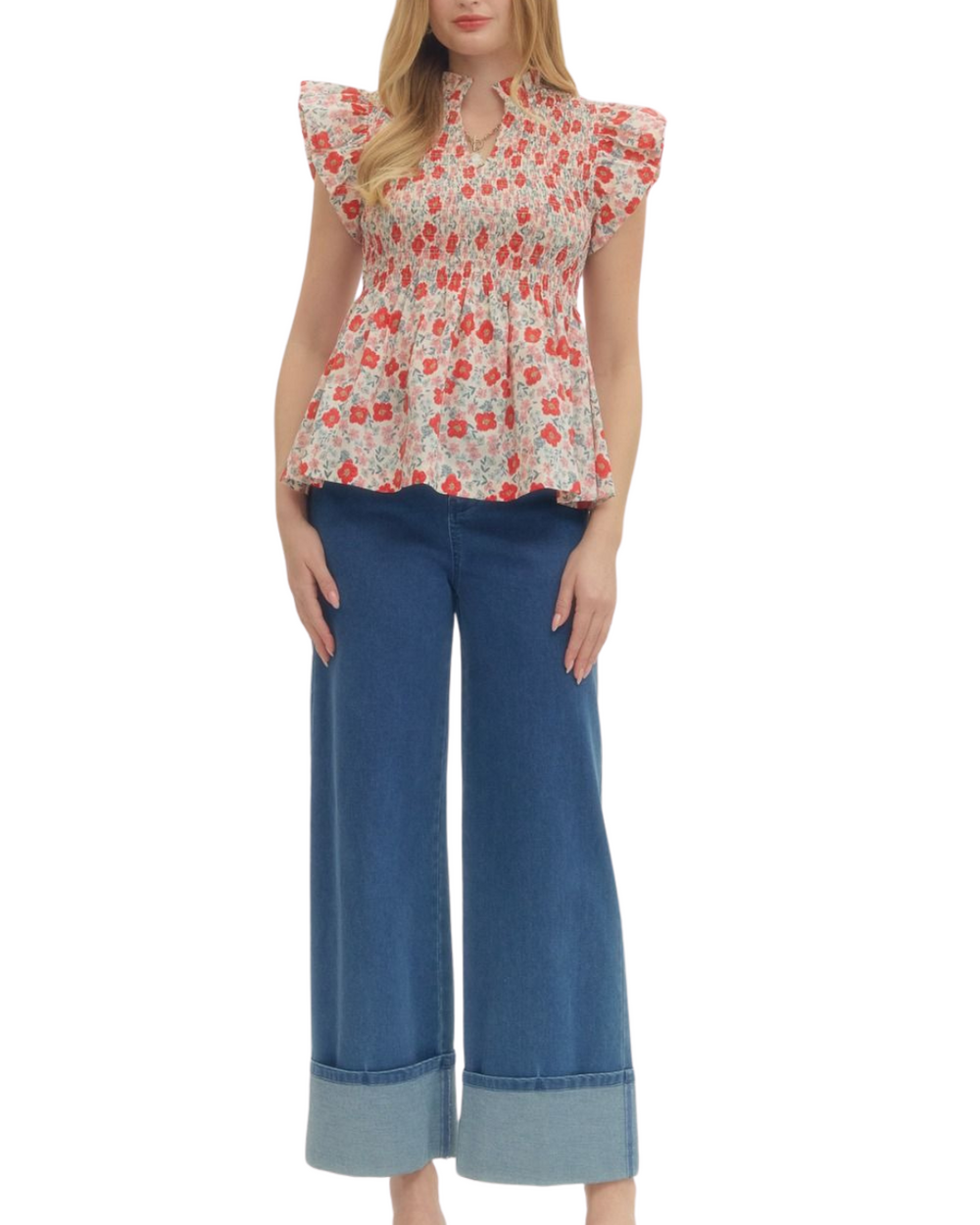 Smocked Ruffle Print Top - High Call Outfitters