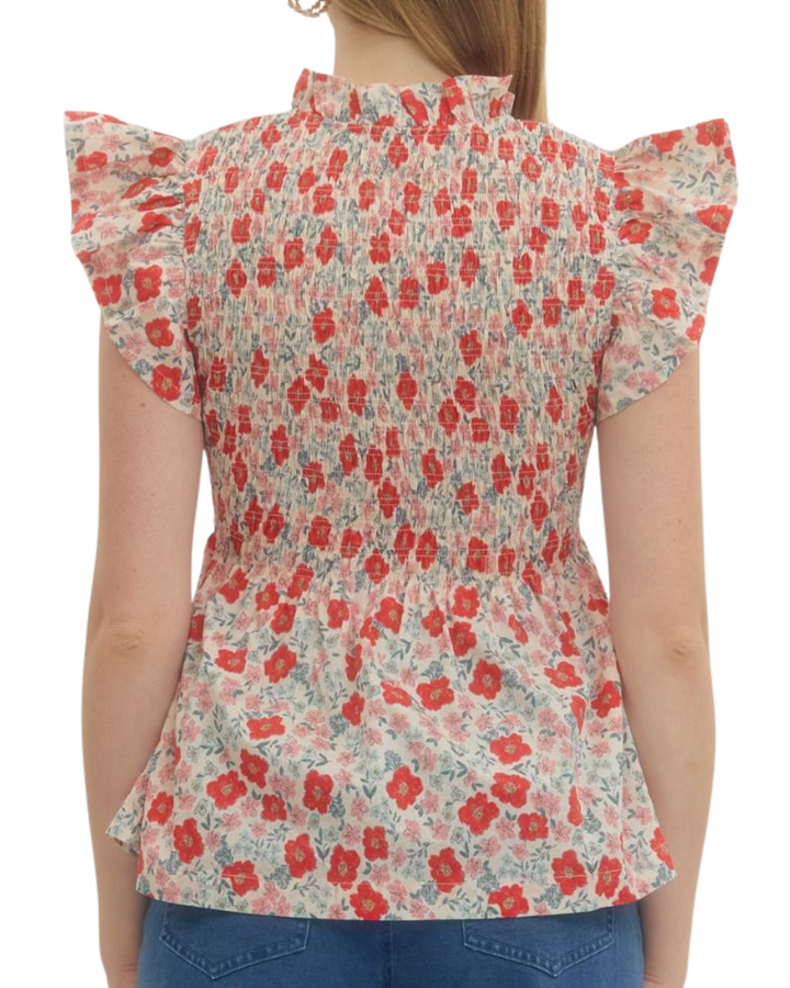 Smocked Ruffle Print Top - High Call Outfitters