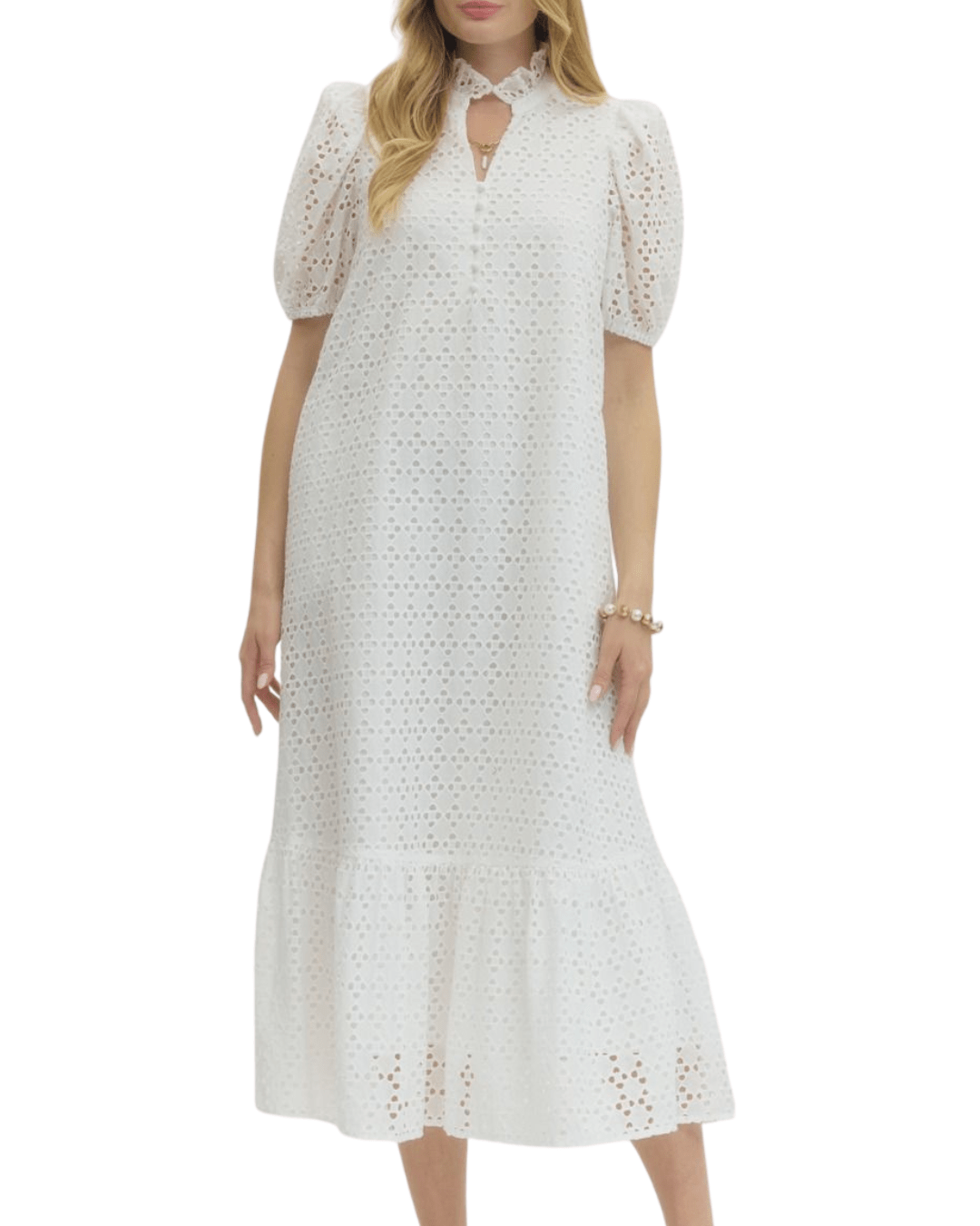 Eyelet Puff Sleeve Midi Dress - High Call Outfitters