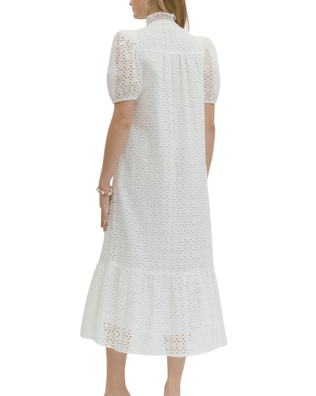 Eyelet Puff Sleeve Midi Dress - High Call Outfitters