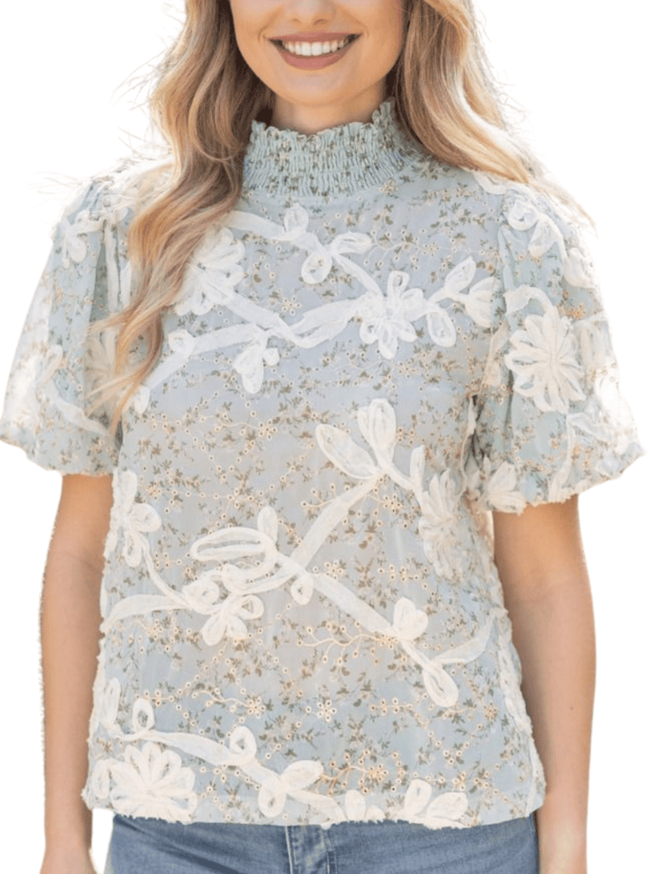 Floral Lace Smocked Mock Neck Blouse with Puff Sleeves - High Call Outfitters