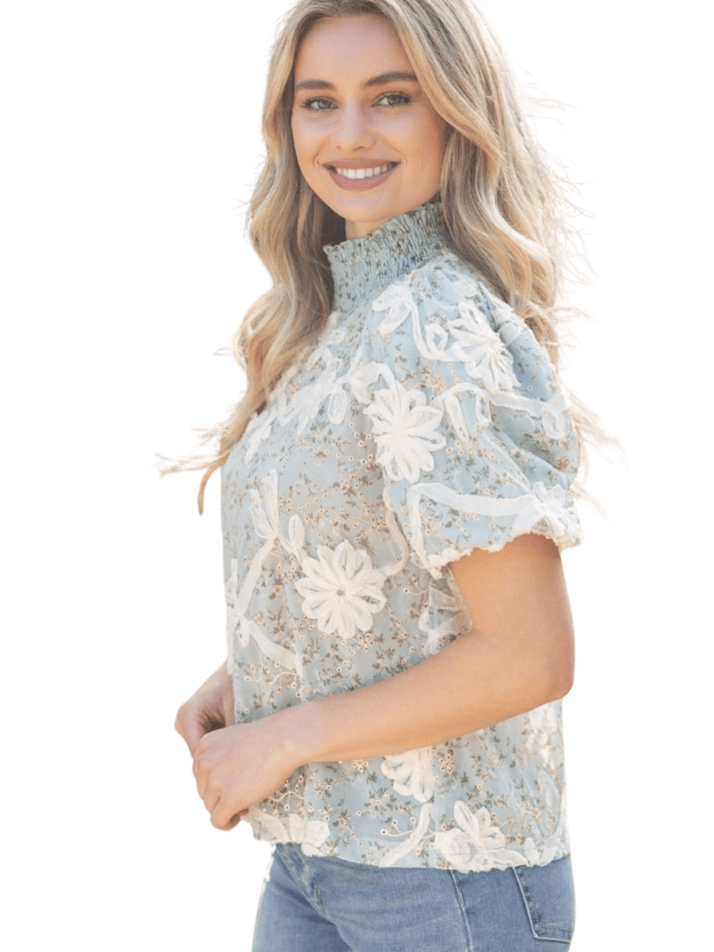 Floral Lace Smocked Mock Neck Blouse with Puff Sleeves - High Call Outfitters