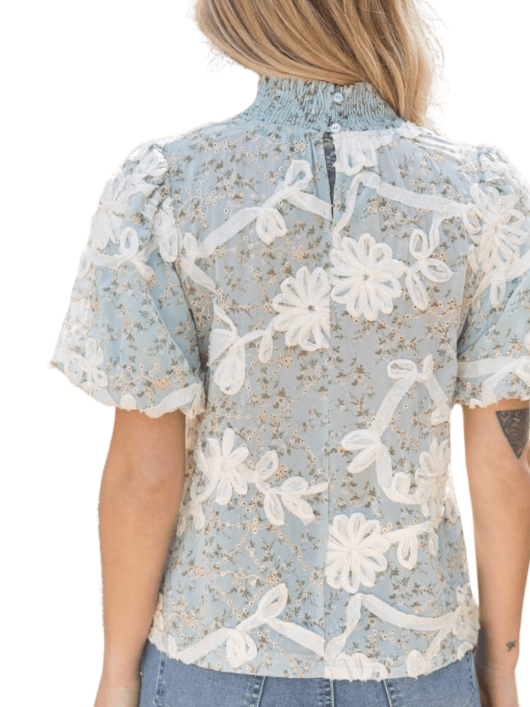 Floral Lace Smocked Mock Neck Blouse with Puff Sleeves - High Call Outfitters