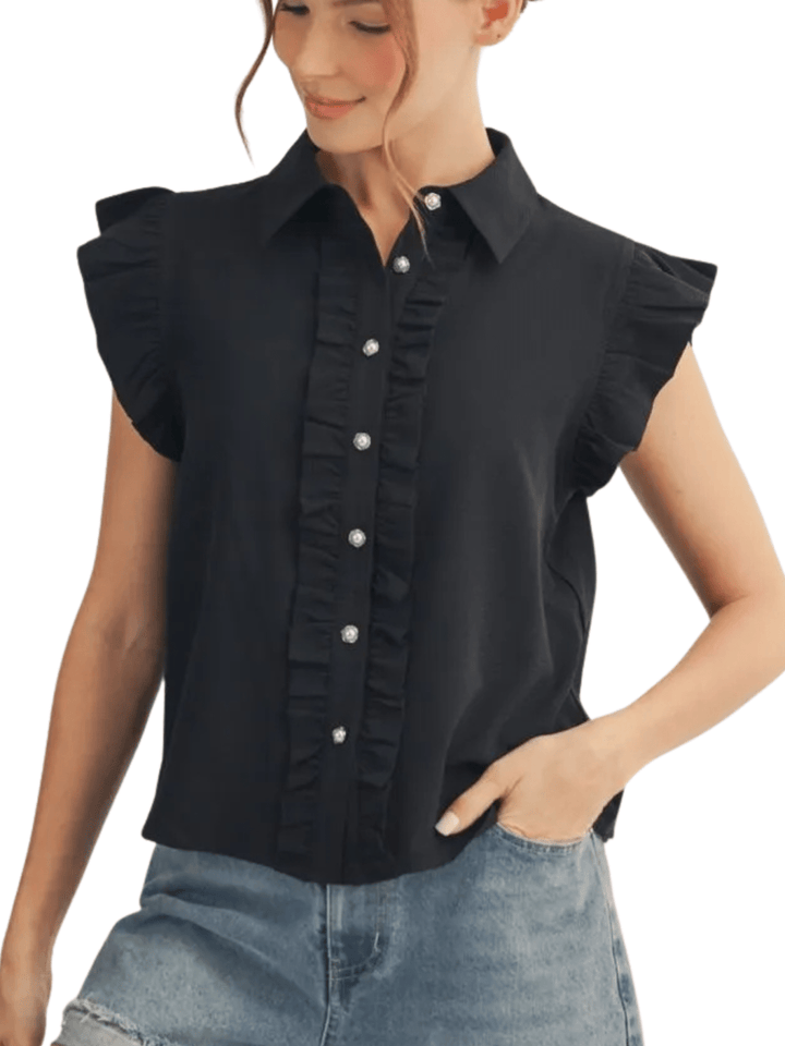 Ruffle Trim Button Front Top - High Call Outfitters