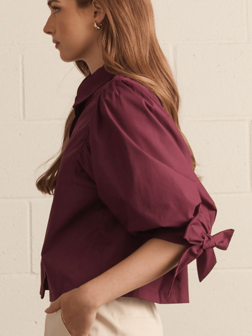 3/4 Puff Sleeve Scallop Front Top - High Call Outfitters