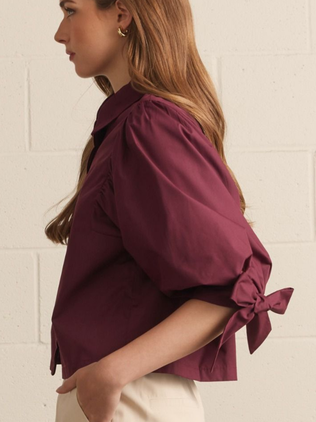 3/4 Puff Sleeve Scallop Front Top