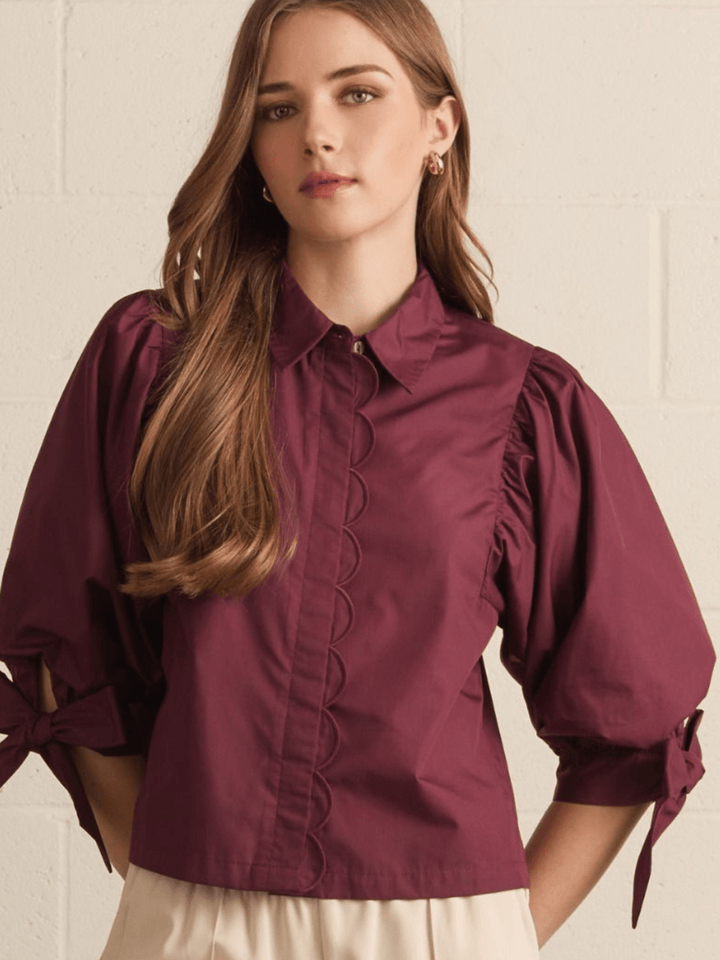 3/4 Puff Sleeve Scallop Front Top - High Call Outfitters