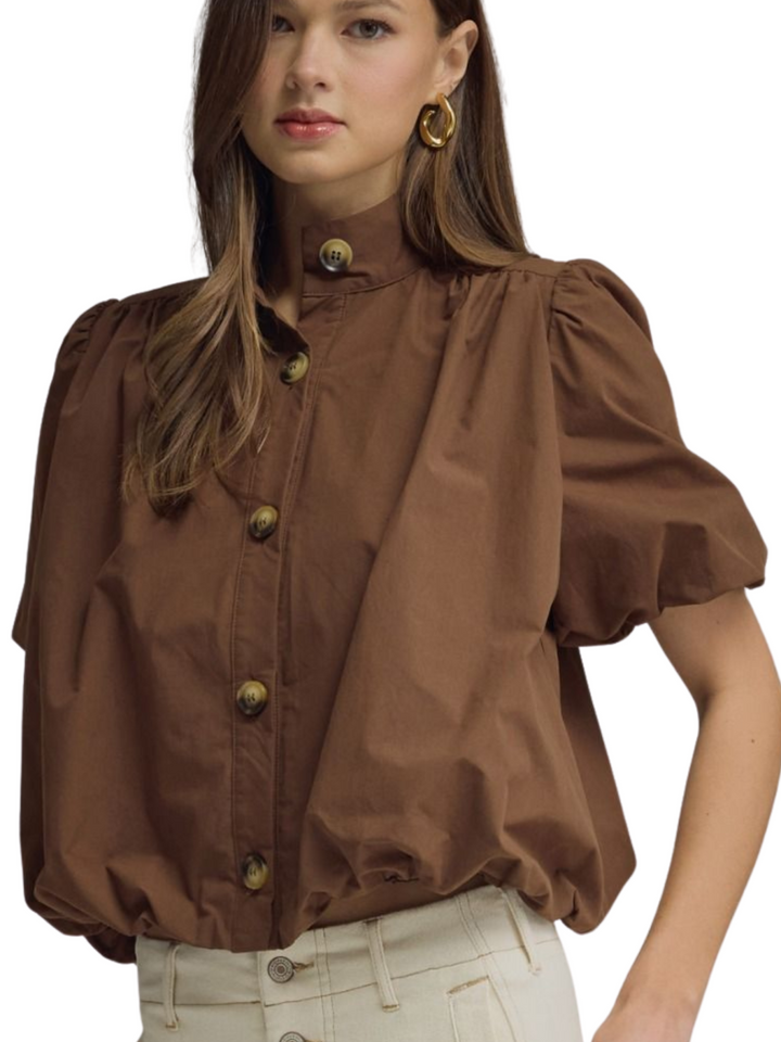 Button Front Puff Sleeve Top - High Call Outfitters