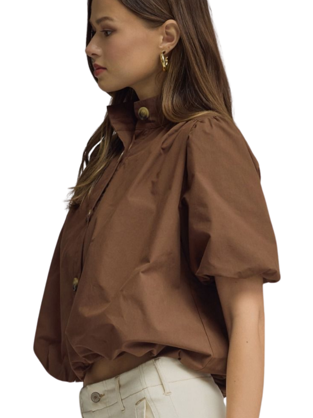 Button Front Puff Sleeve Top - High Call Outfitters