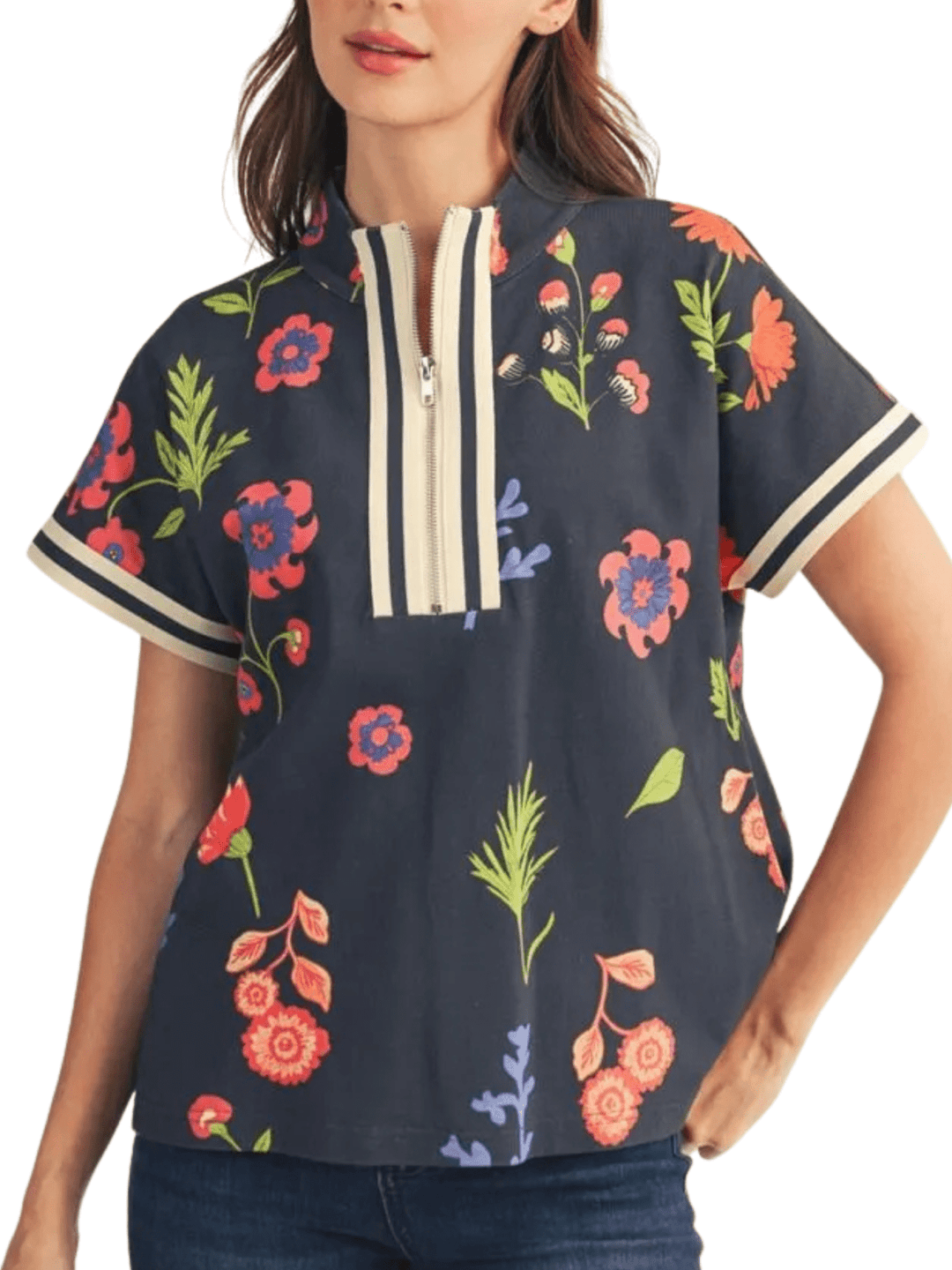 1/2 Zip Floral French Terry Print Top - High Call Outfitters