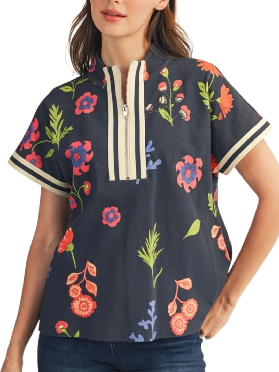 1/2 Zip Floral French Terry Print Top
