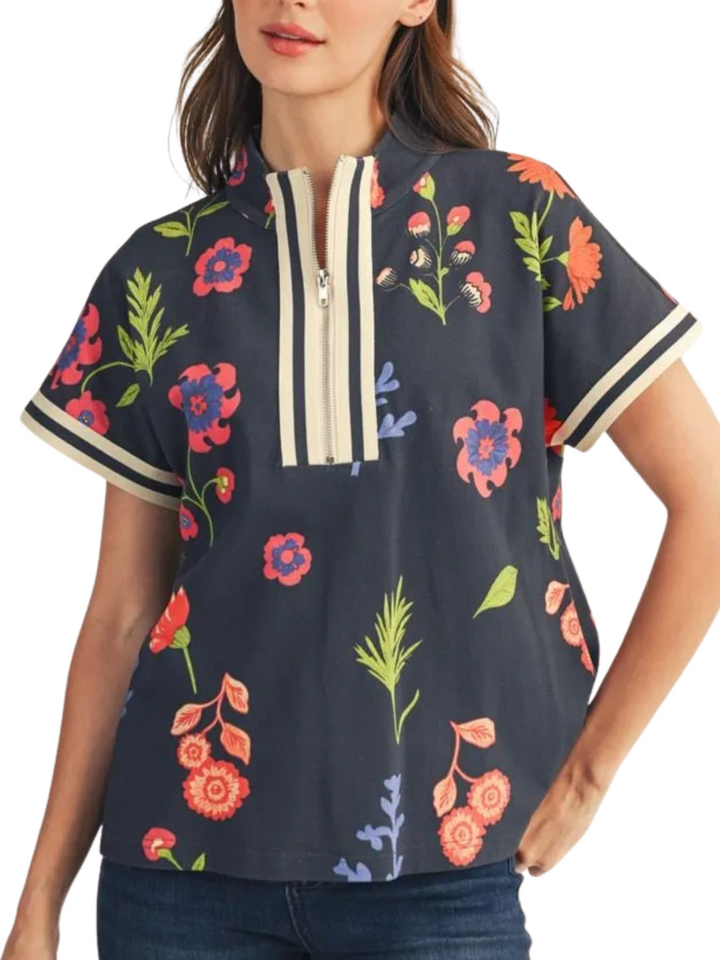 1/2 Zip Floral French Terry Print Top