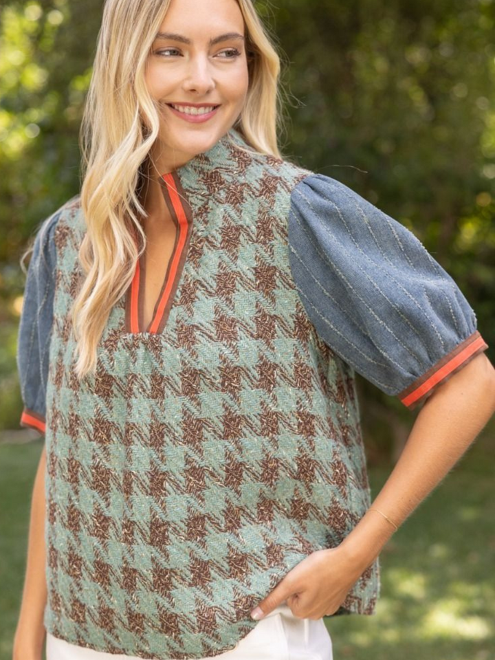 Stripe Denim Sleeve Houndstooth Tweed Top