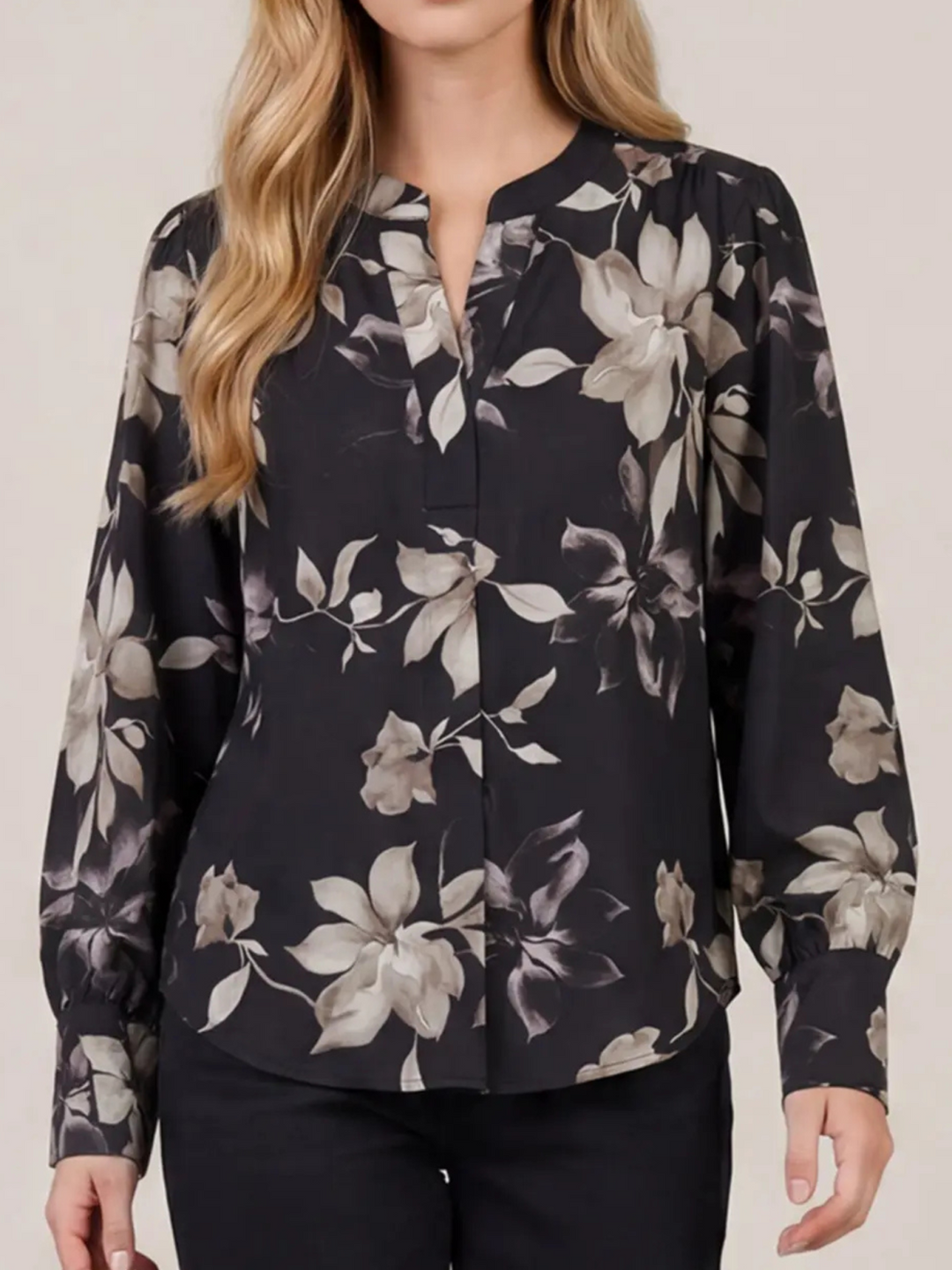 Split Neck Floral Long SleeveTop
