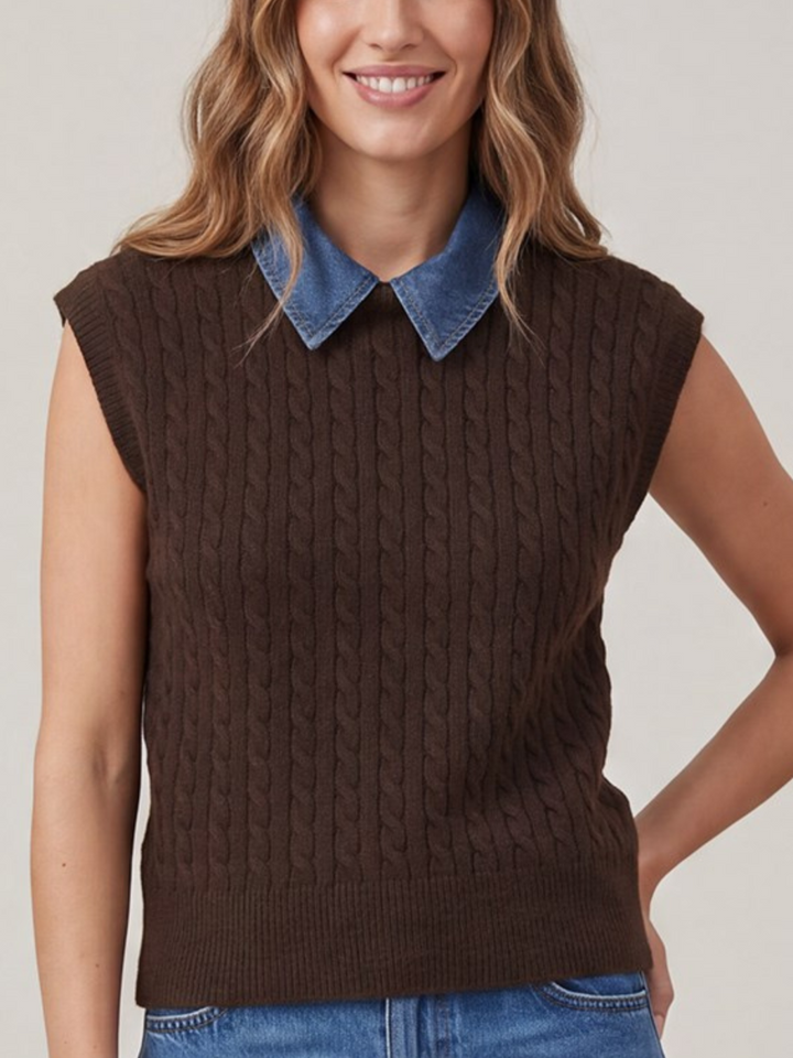 Sleeveless Cable Sweater with Denim Collar