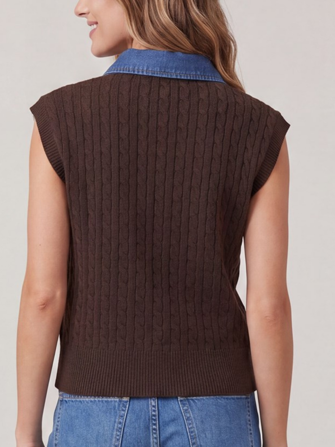 Sleeveless Cable Sweater with Denim Collar