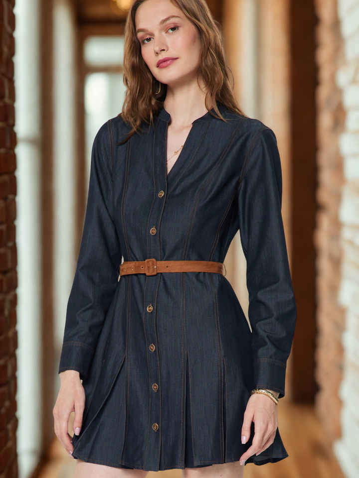 Pleated Skirt Mini Denim Dress