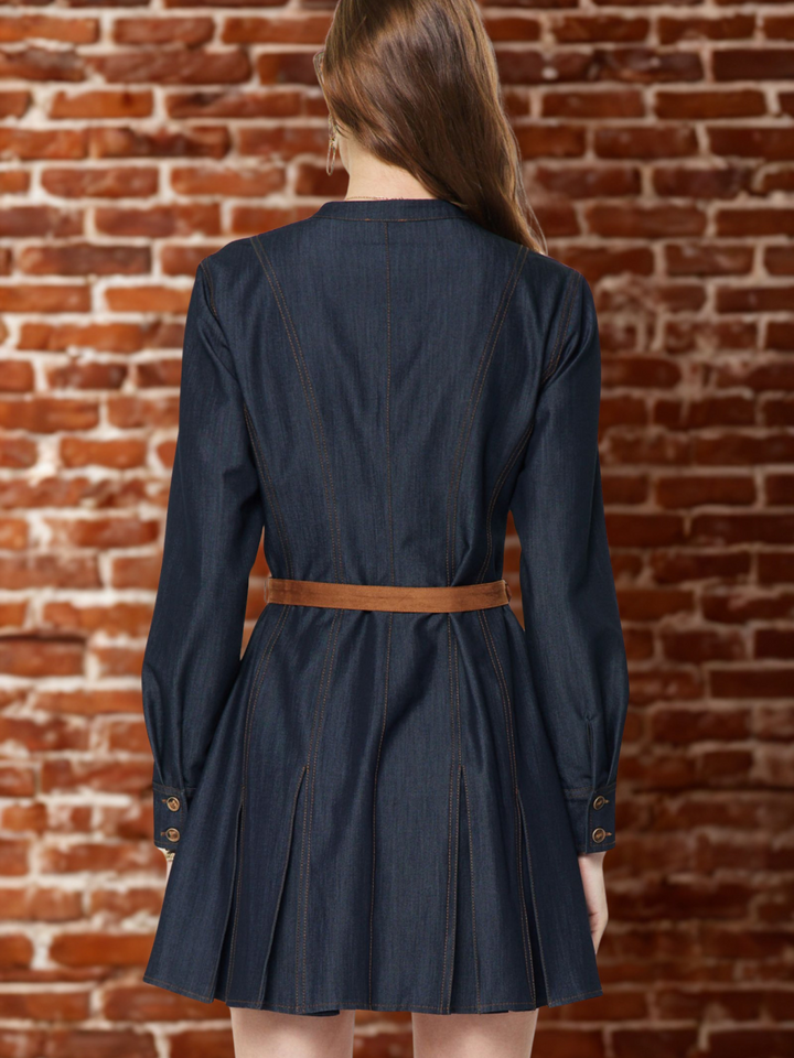 Pleated Skirt Mini Denim Dress