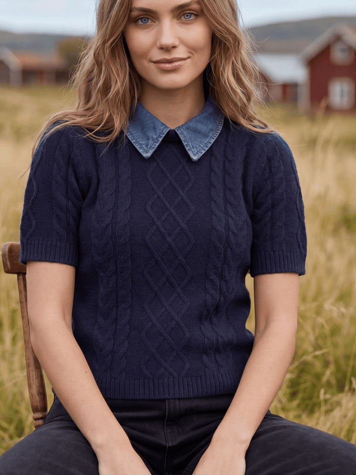 Short Sleeve Cable Knit Sweater with Removable Denim Collar - High Call Outfitters