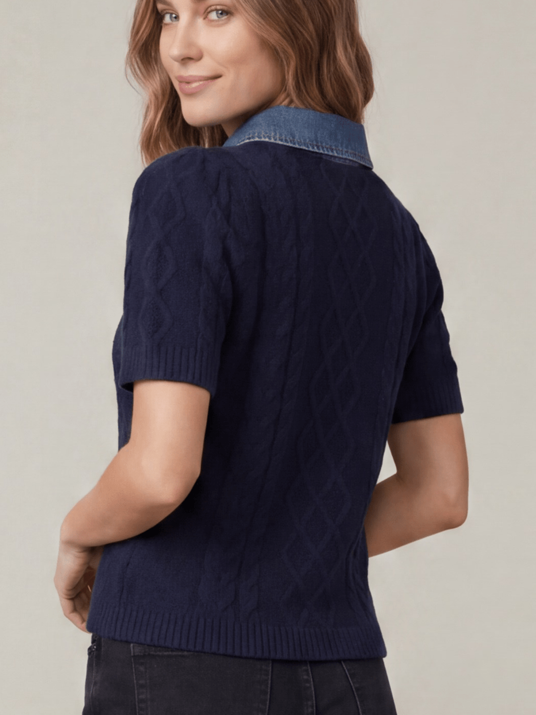 Short Sleeve Cable Knit Sweater with Removable Denim Collar - High Call Outfitters