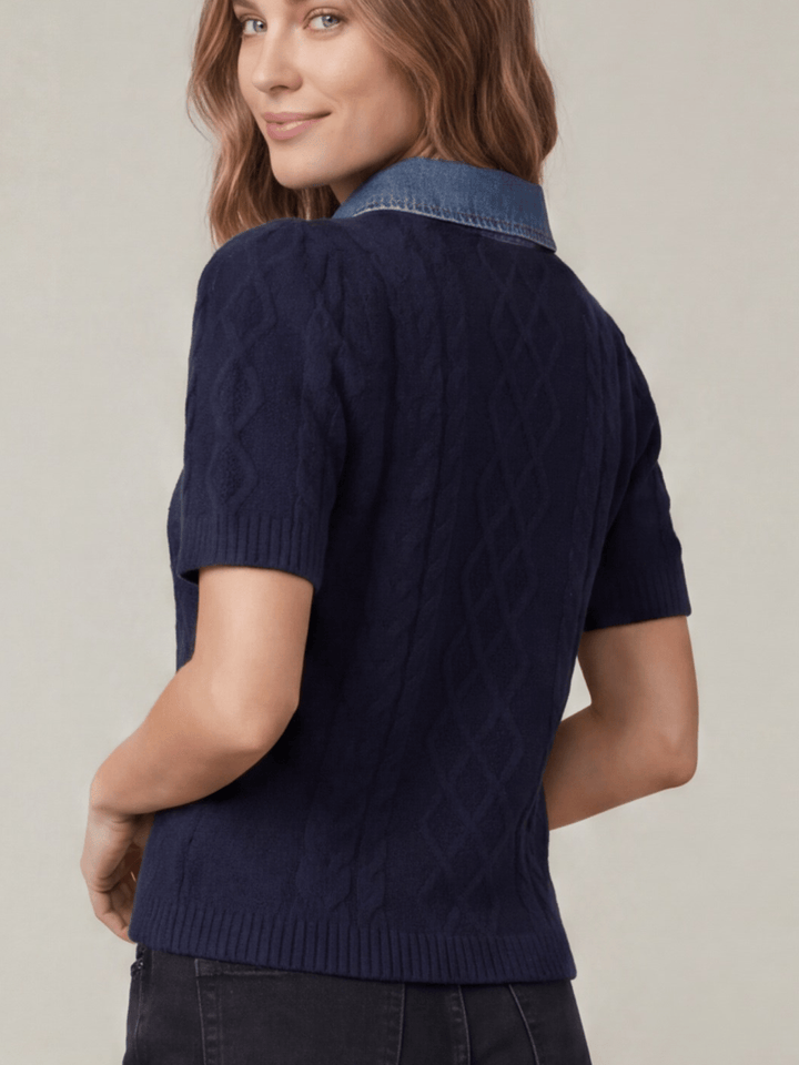 Short Sleeve Cable Knit Sweater with Removable Denim Collar - High Call Outfitters
