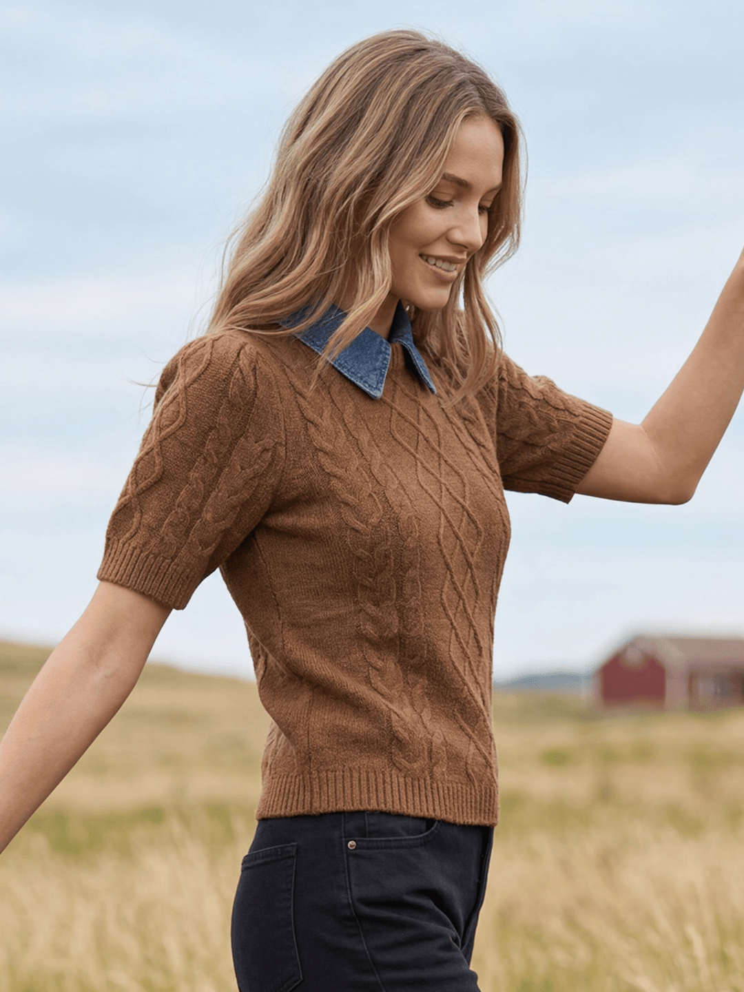 Short Sleeve Cable Knit Sweater with Removable Denim Collar - High Call Outfitters