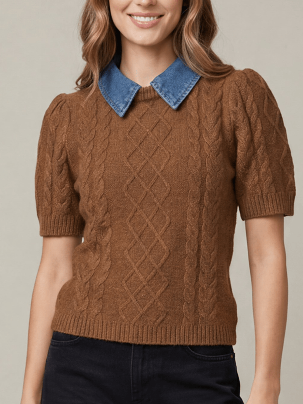 Short Sleeve Cable Knit Sweater with Removable Denim Collar - High Call Outfitters