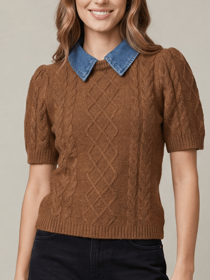 Short Sleeve Cable Knit Sweater with Removable Denim Collar - High Call Outfitters