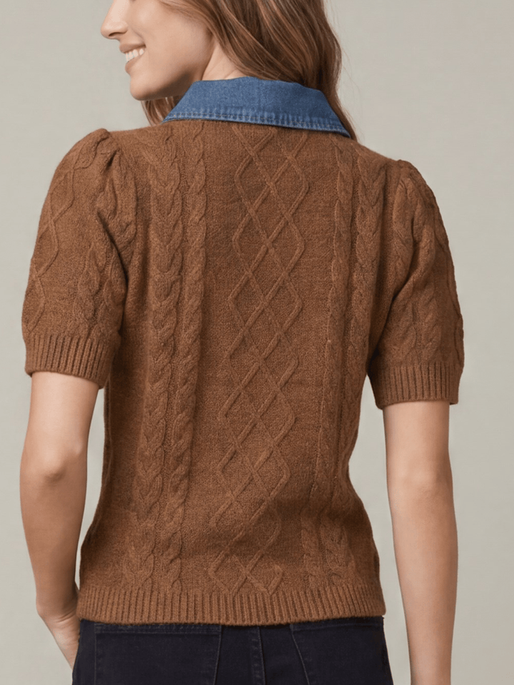 Short Sleeve Cable Knit Sweater with Removable Denim Collar - High Call Outfitters