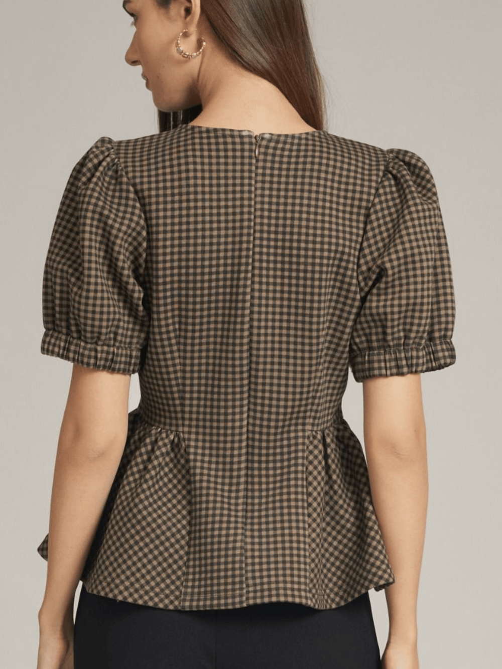 Gingham Peplum Puff Sleeve Top - High Call Outfitters