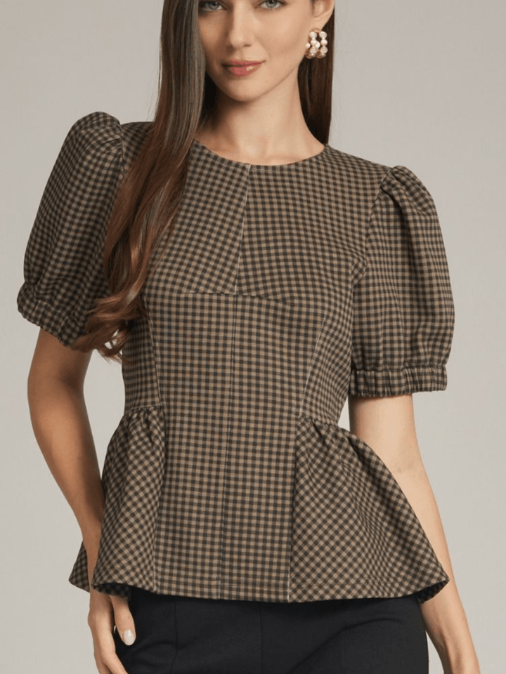 Gingham Peplum Puff Sleeve Top - High Call Outfitters
