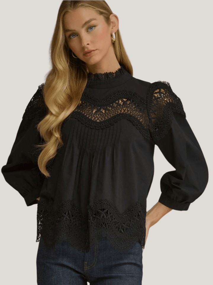 Lace Trim 3/4 Sleeve Top - High Call Outfitters