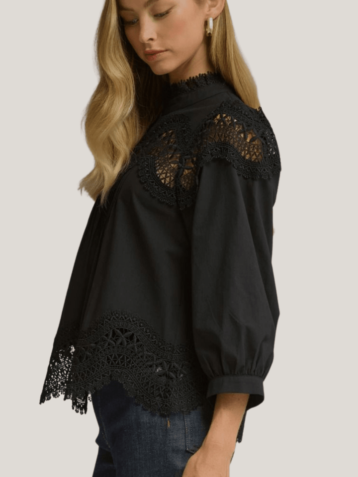 Lace Trim 3/4 Sleeve Top - High Call Outfitters