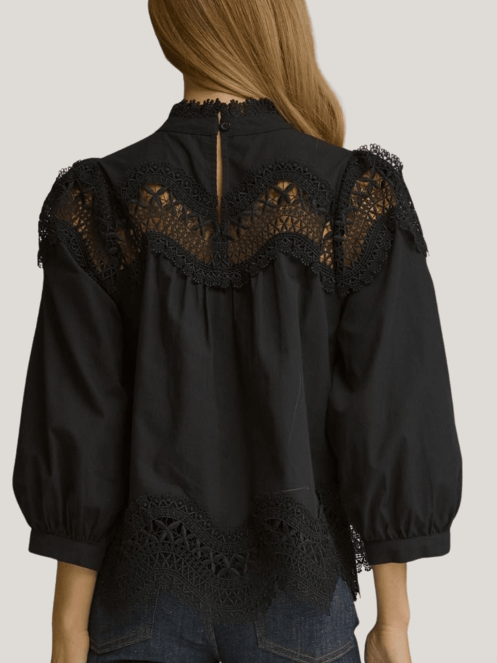Lace Trim 3/4 Sleeve Top - High Call Outfitters