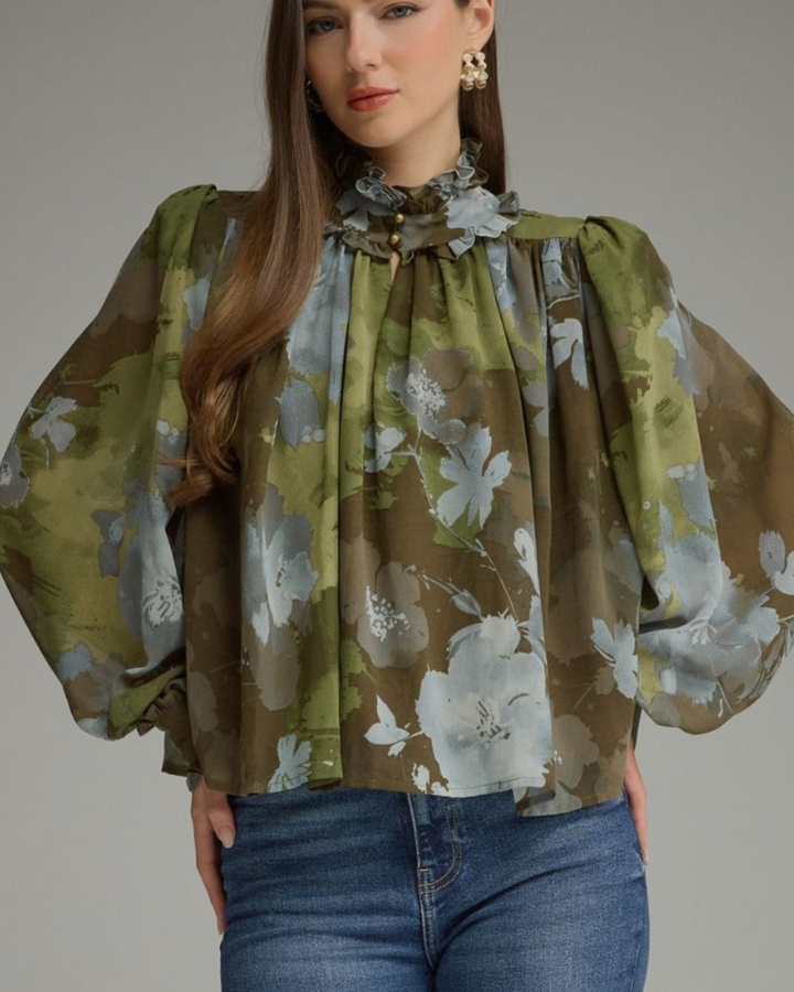 Sage Blossom Ruffle Blouse
